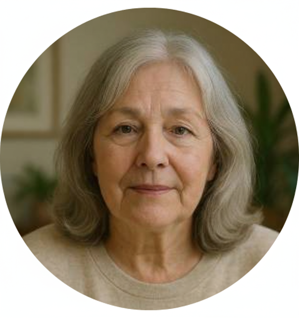A person in a gray sweater sitting indoors with a window in the background.